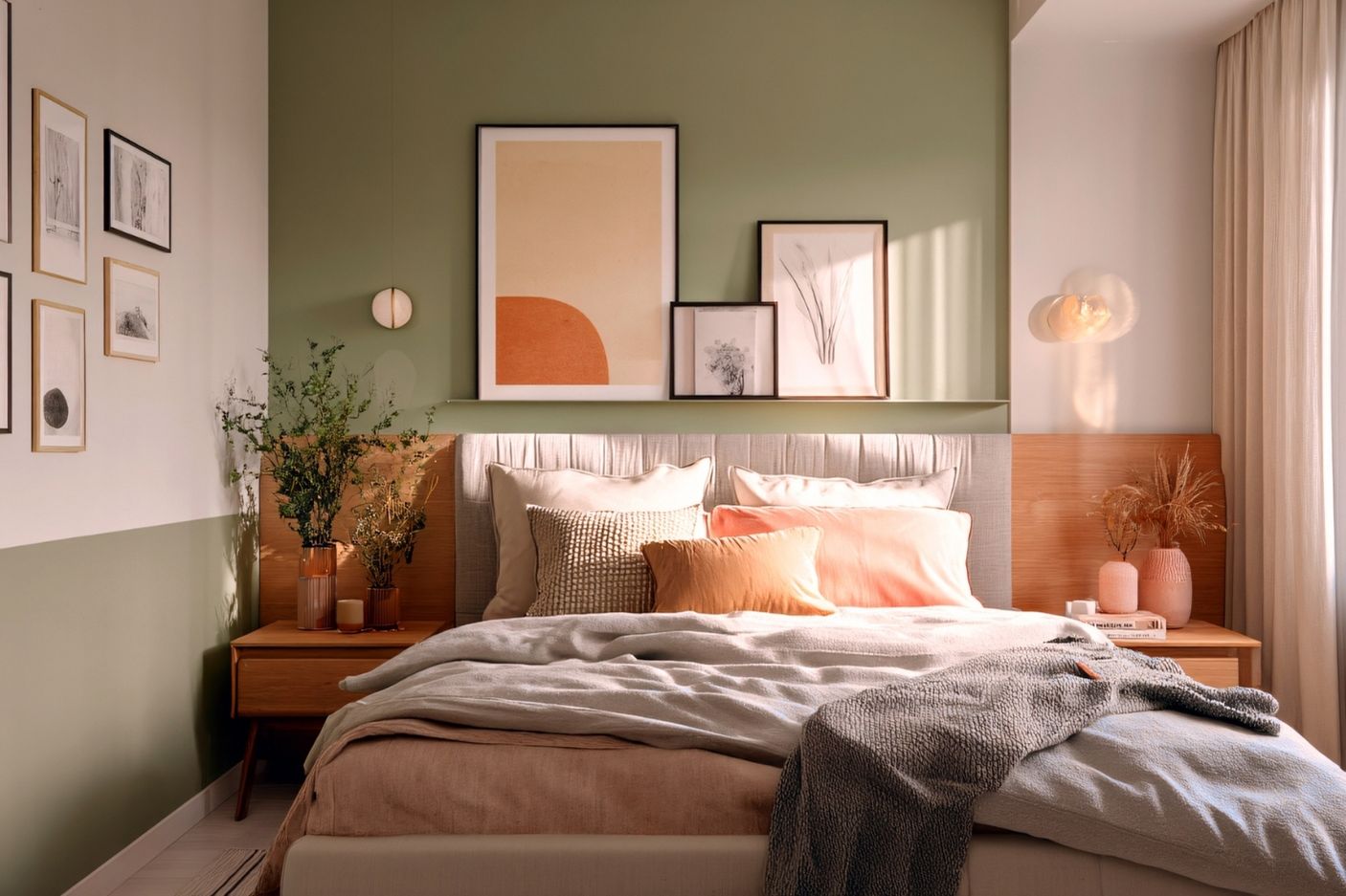 Zöld árnyalatú falakkal kialakított hálószoba meleg földszínekkel és természetes hatású berendezéssel